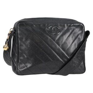 CHANEL COCO Mark Chain Shoulder Bag Grained Calf Skin Black Gold CC Auth 128487V